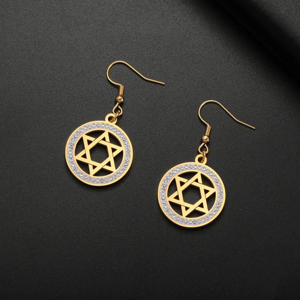Dangle earrings with the Star of David and symbolic Jewish rhinestones in gold