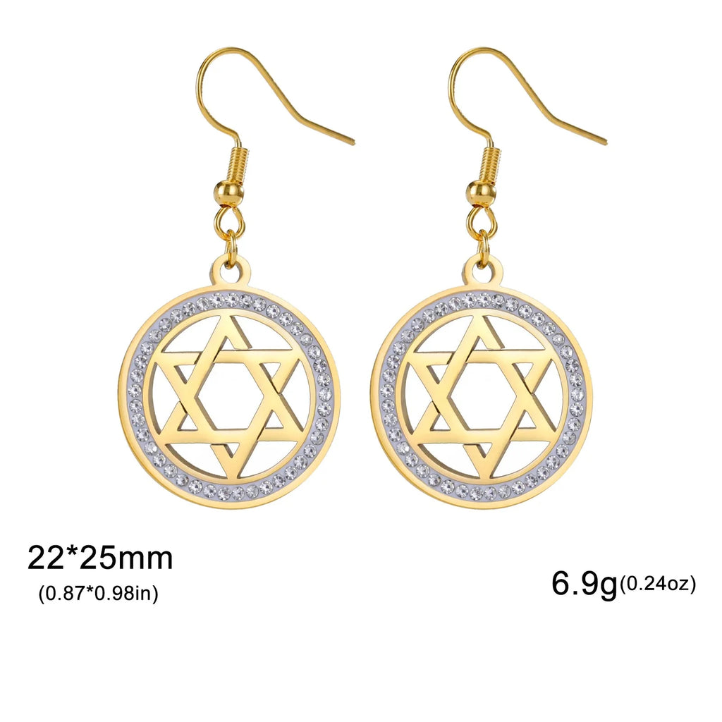 Dangle earrings with the Star of David and symbolic Jewish rhinestones in gold