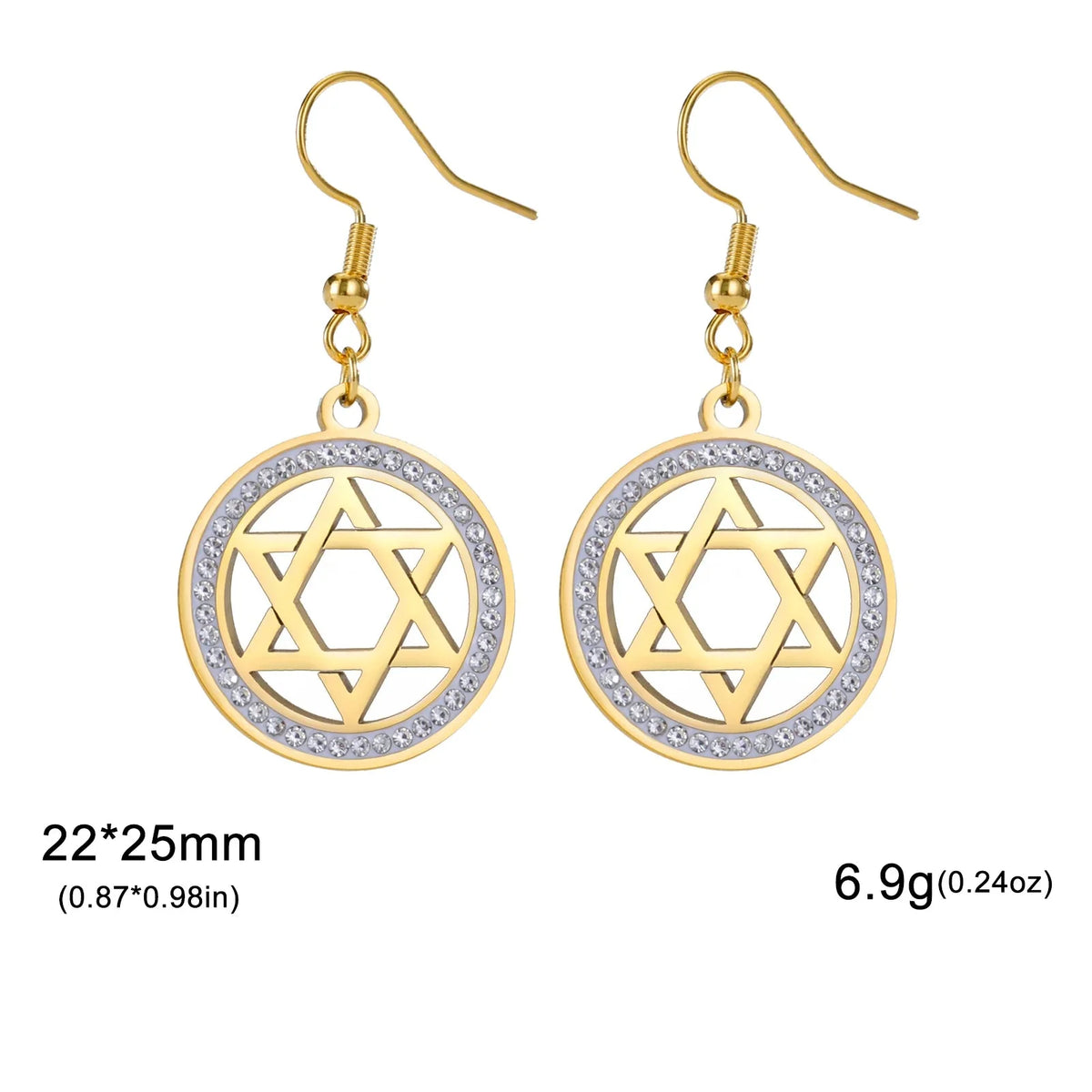 Dangle earrings with the Star of David and symbolic Jewish rhinestones in gold