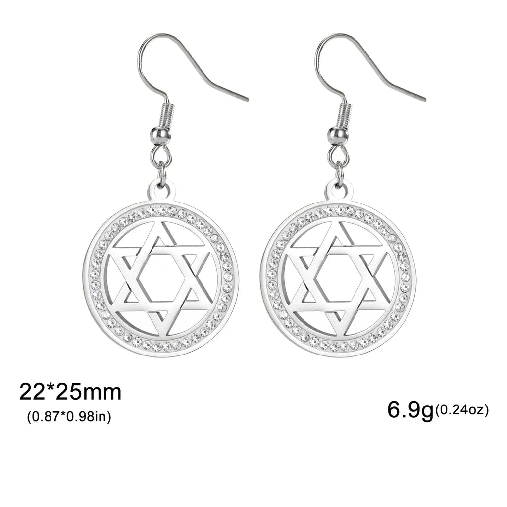 Dangle earrings with the Star of David and symbolic Jewish rhinestones in silver