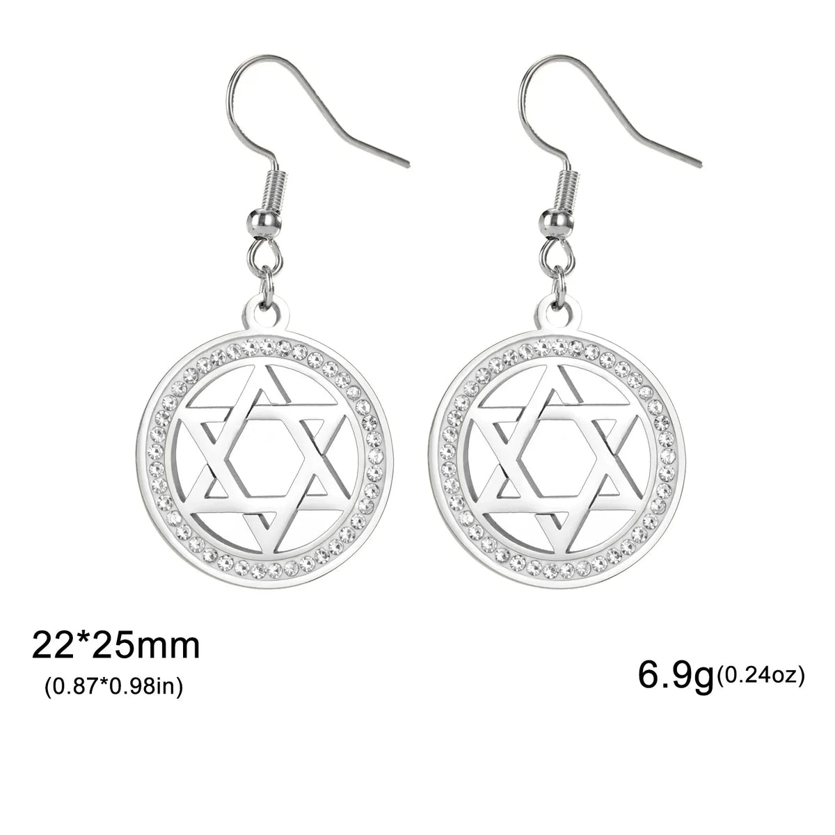 Dangle earrings with the Star of David and symbolic Jewish rhinestones in silver
