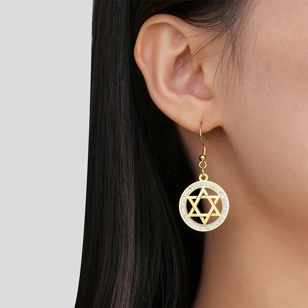 Dangle earrings with the Star of David and symbolic Jewish rhinestones in gold