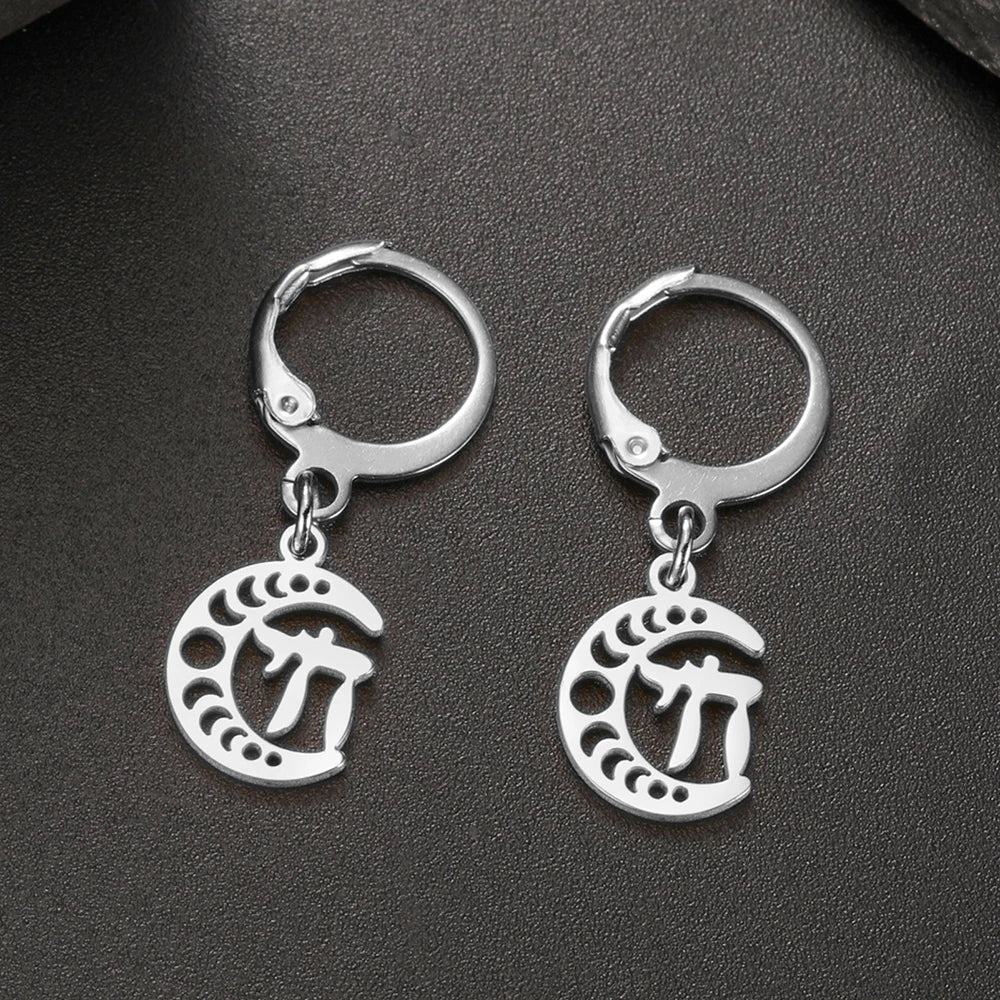Drop earrings with the Chai symbol of life on a silver crescent moon