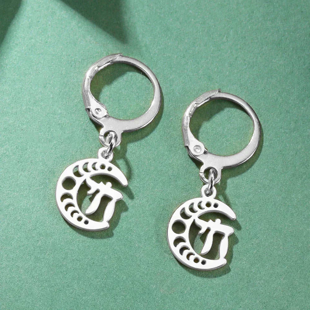Drop earrings with the Chai symbol of life on a silver crescent moon
