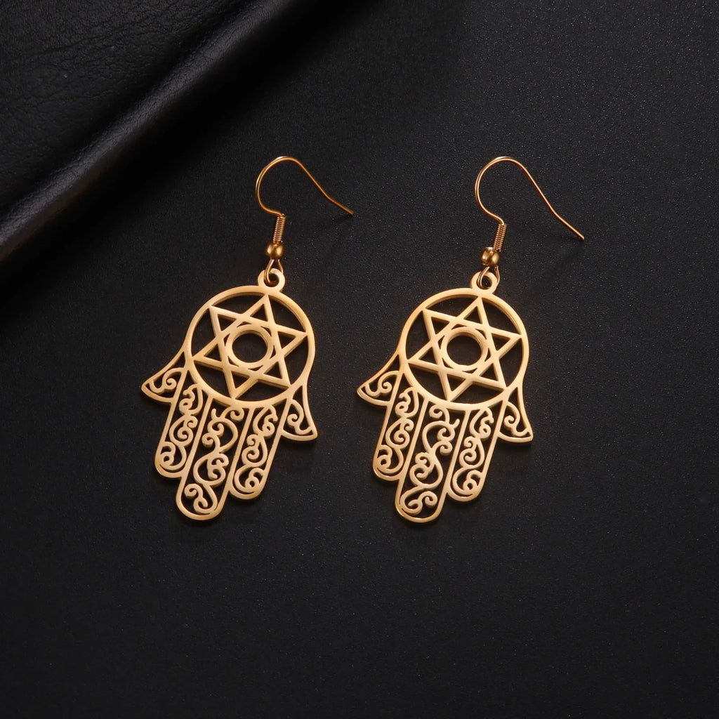 Dangle earrings with the Jewish protective symbol, Hand of Fatima and Star of David in gold
