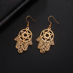 Dangle earrings with the Jewish protective symbol, Hand of Fatima and Star of David in gold