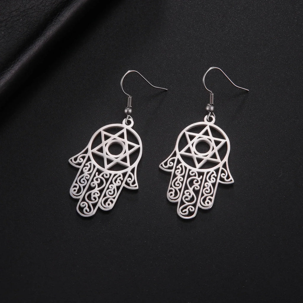Dangle earrings with the Jewish protective symbol, Hand of Fatima and Star of David in silver
