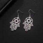 Dangle earrings with the Jewish protective symbol, Hand of Fatima and Star of David in silver