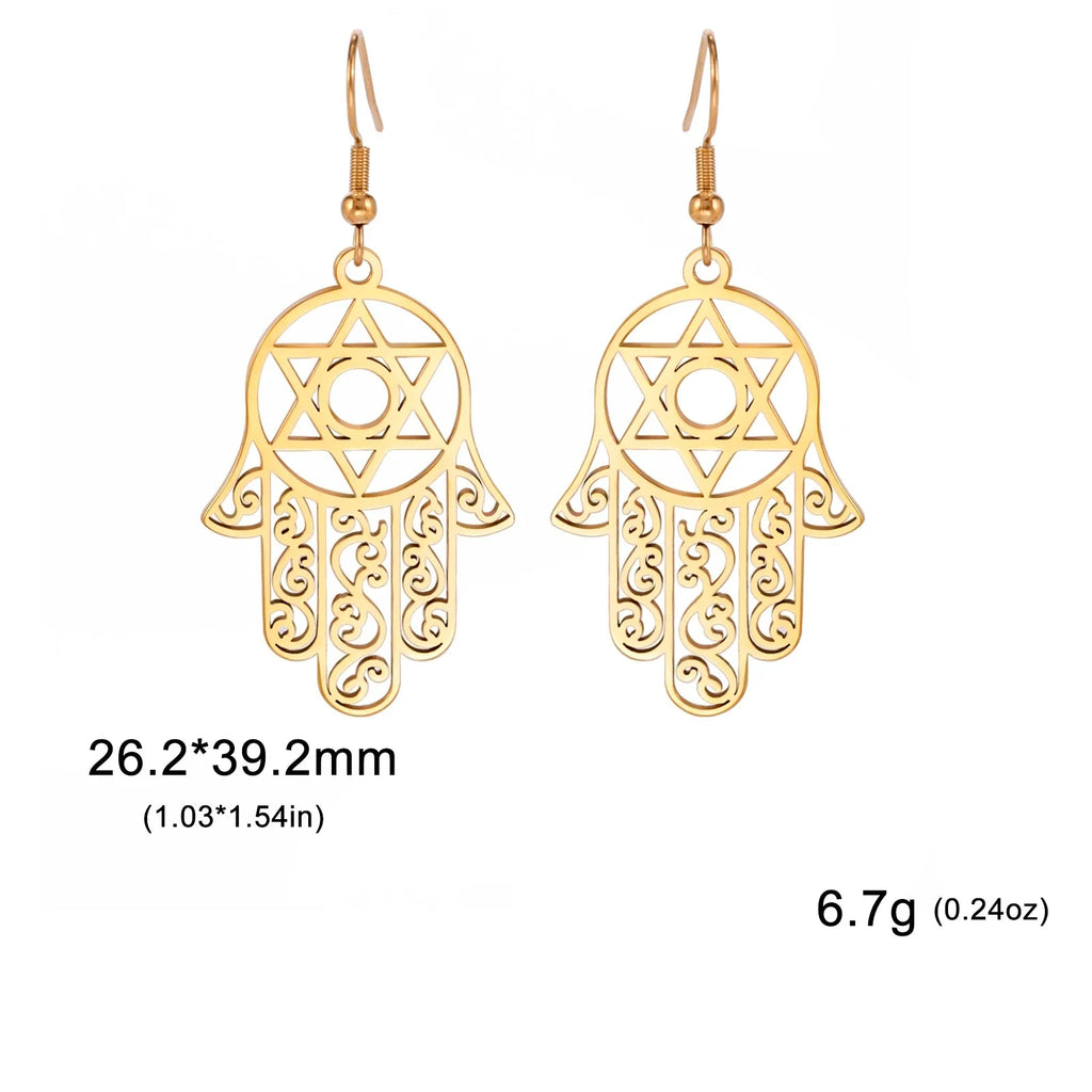 Dangle earrings with the Jewish protective symbol, Hand of Fatima and Star of David
