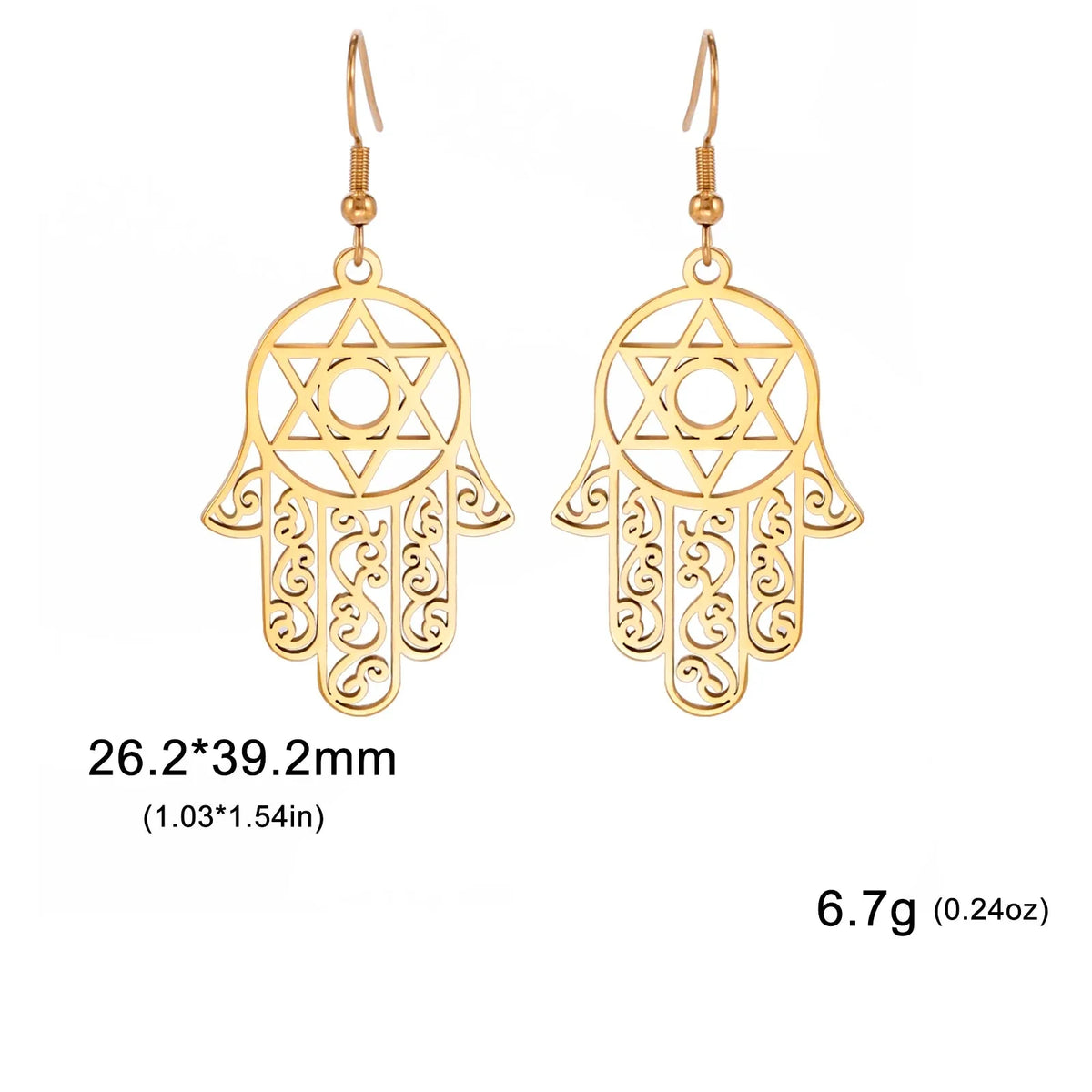 Dangle earrings with the Jewish protective symbol, Hand of Fatima and Star of David