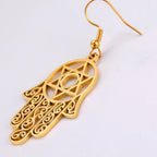 Dangle earrings with the Jewish protective symbol, Hand of Fatima and Star of David in gold