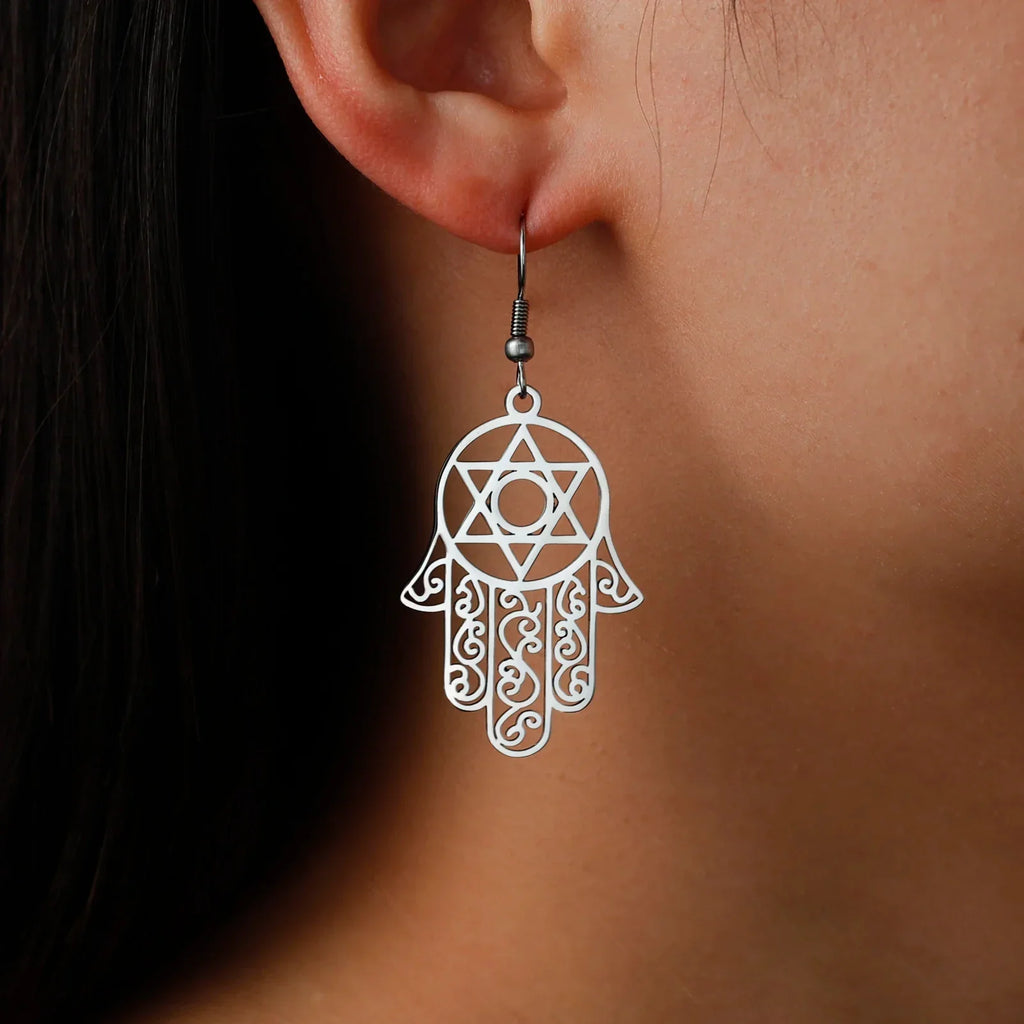 Dangle earrings with the Jewish protective symbol, Hand of Fatima and Star of David in silver