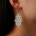 Dangle earrings with the Jewish protective symbol, Hand of Fatima and Star of David in silver
