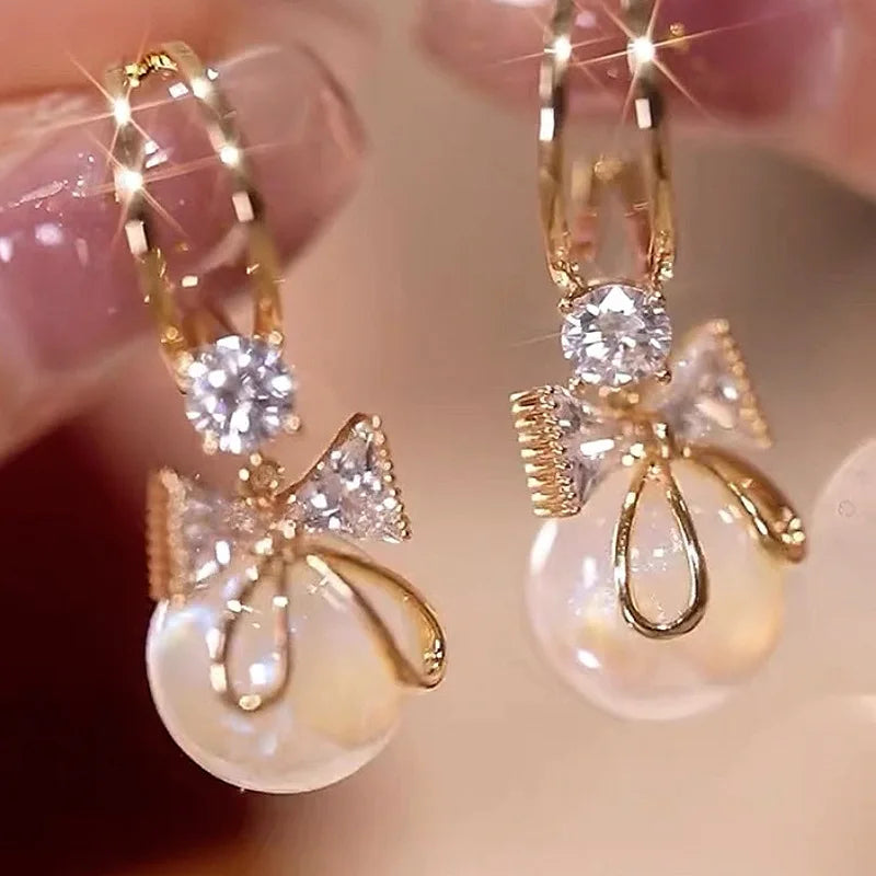Dangling Earrings with Butterfly Bow and Pearl