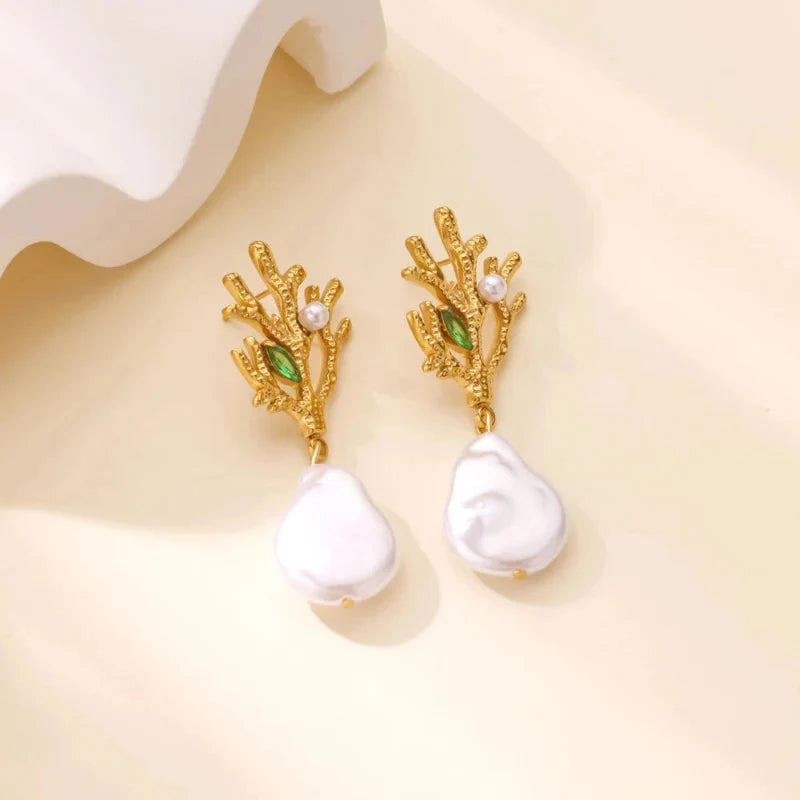 Coral Dangle Earrings with Pearl and Green Zircon