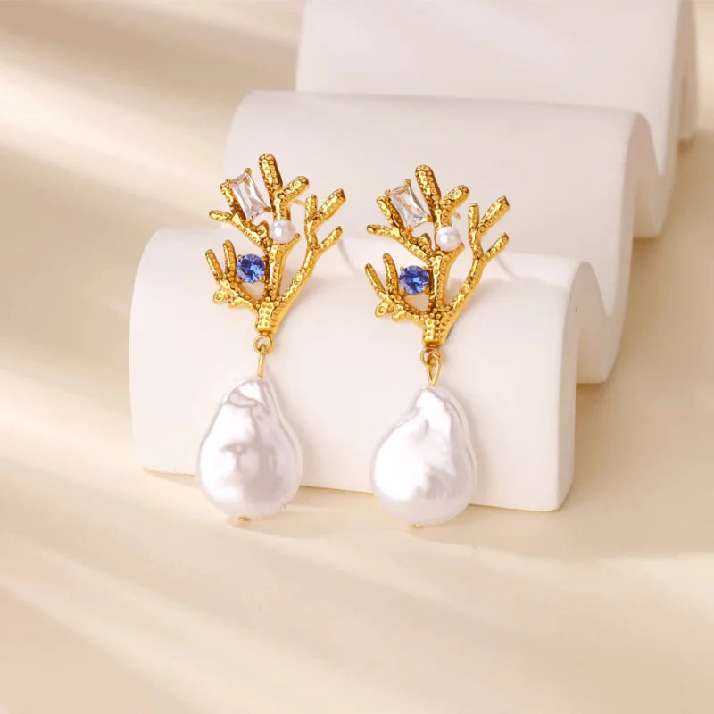 Coral Dangle Earrings with Pearl and Blue Zircon