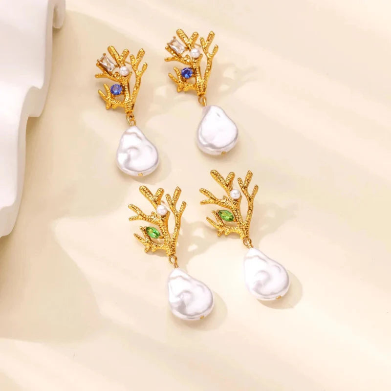 Coral Dangle Earrings with Pearl and Green Zircon