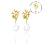 Coral Dangle Earrings with Pearl and Green Zircon
