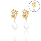 Coral Dangle Earrings with Pearl and Blue Zircon
