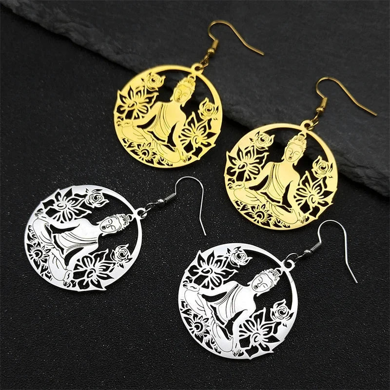 Buddha and Lotus Flower Dangling Earrings gold