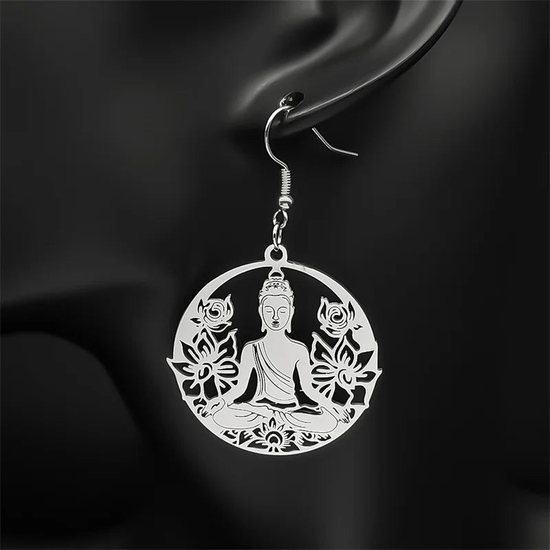 Buddha and Lotus Flower Dangling Earrings silver