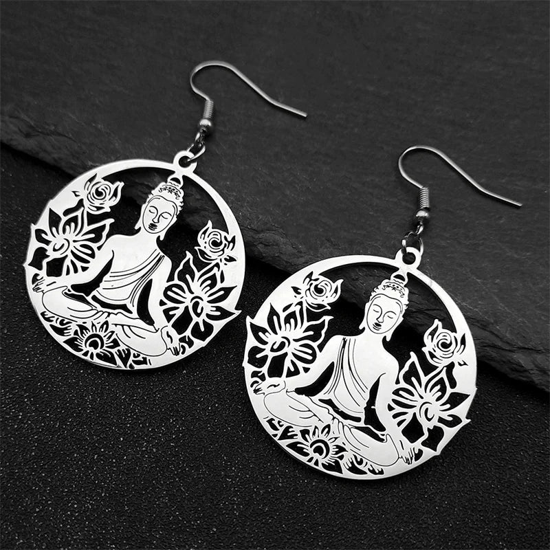 Buddha and Lotus Flower Dangling Earrings silver