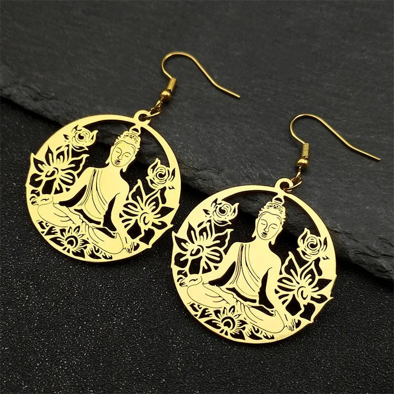 Buddha and Lotus Flower Dangling Earrings gold