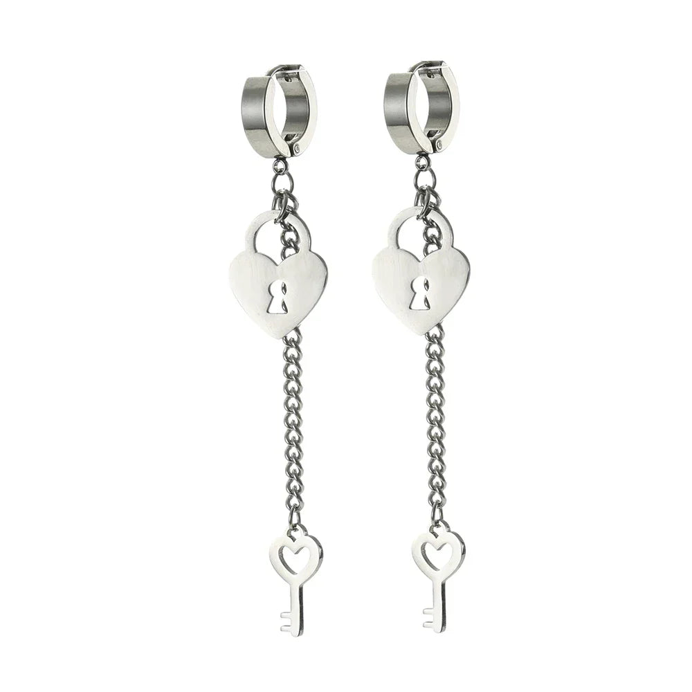 Silver key and lock dangling earrings