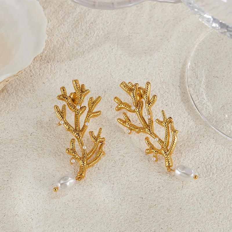 Dangling Earrings Coral and White Pearls