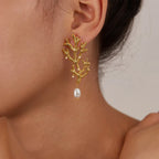 Dangling Earrings Coral and White Pearls
