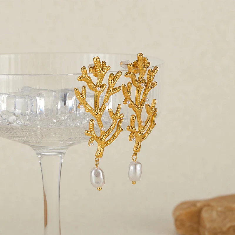 Dangling Earrings Coral and White Pearls