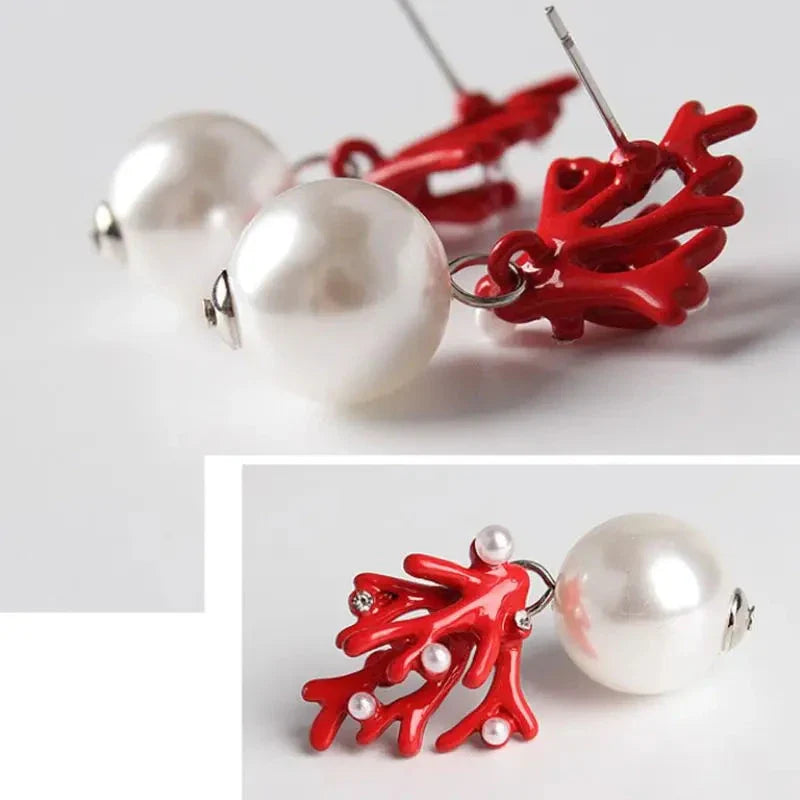 Red Coral and Pearl Dangling Earrings