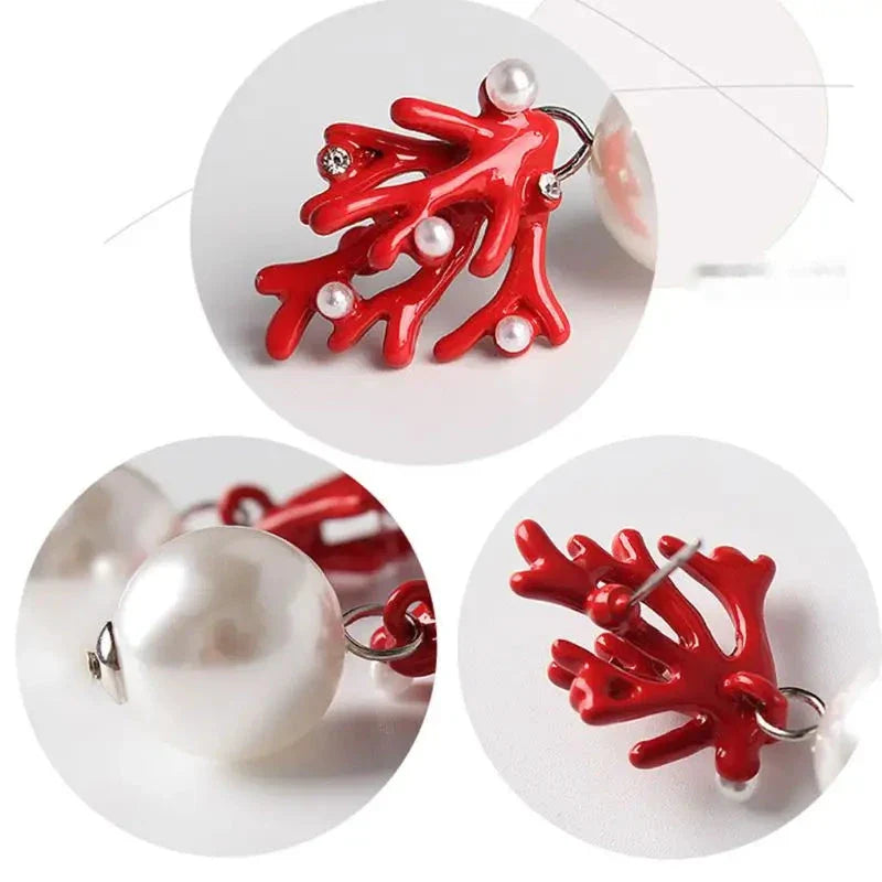 Red Coral and Pearl Dangling Earrings