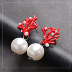 Red Coral and Pearl Dangling Earrings