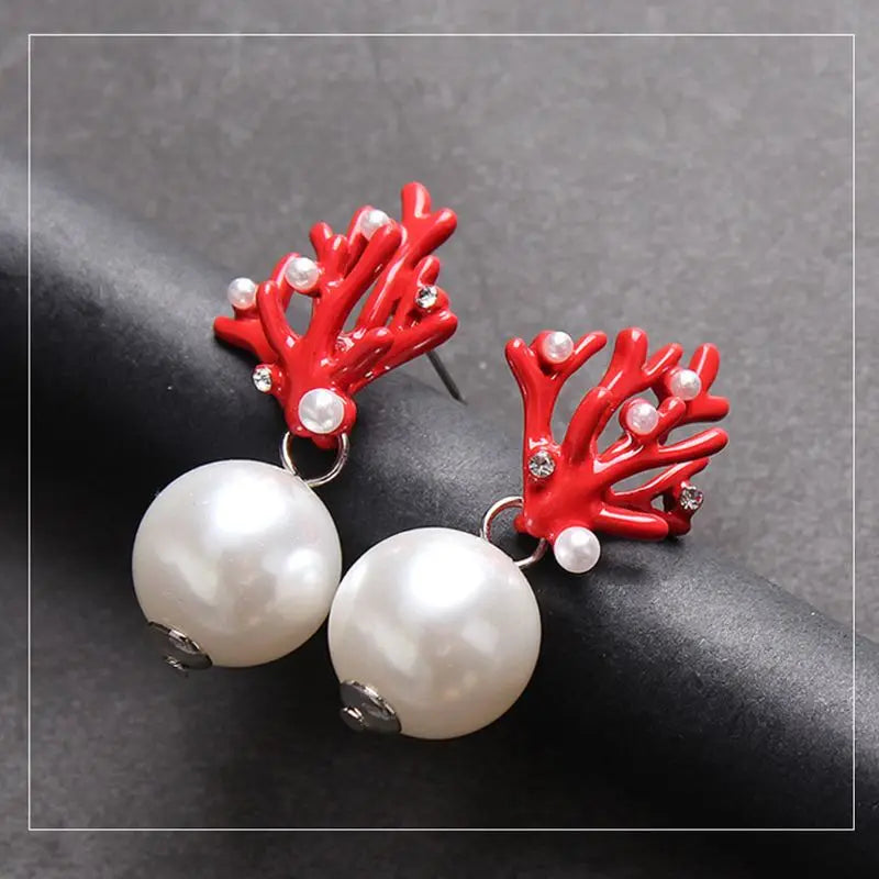 Red Coral and Pearl Dangling Earrings