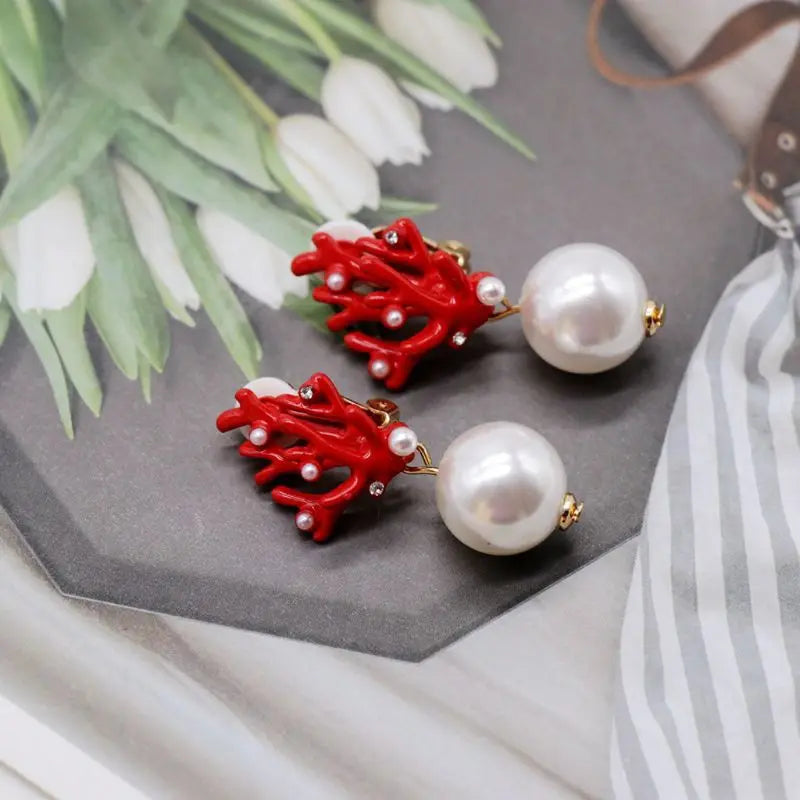 Red Coral and Pearl Dangling Earrings