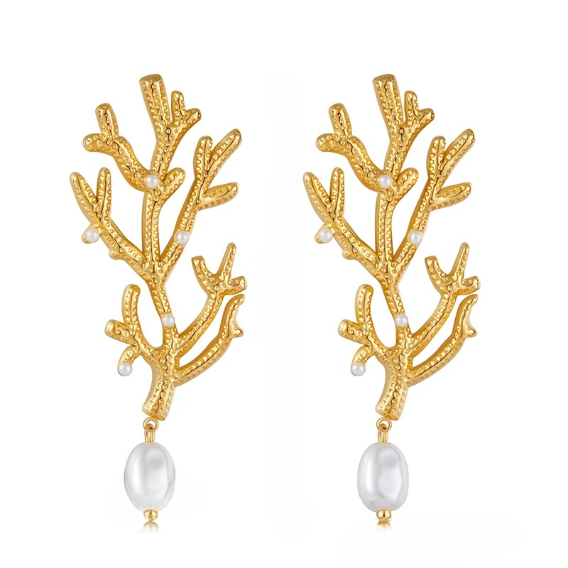 Dangling Earrings Coral and White Pearls