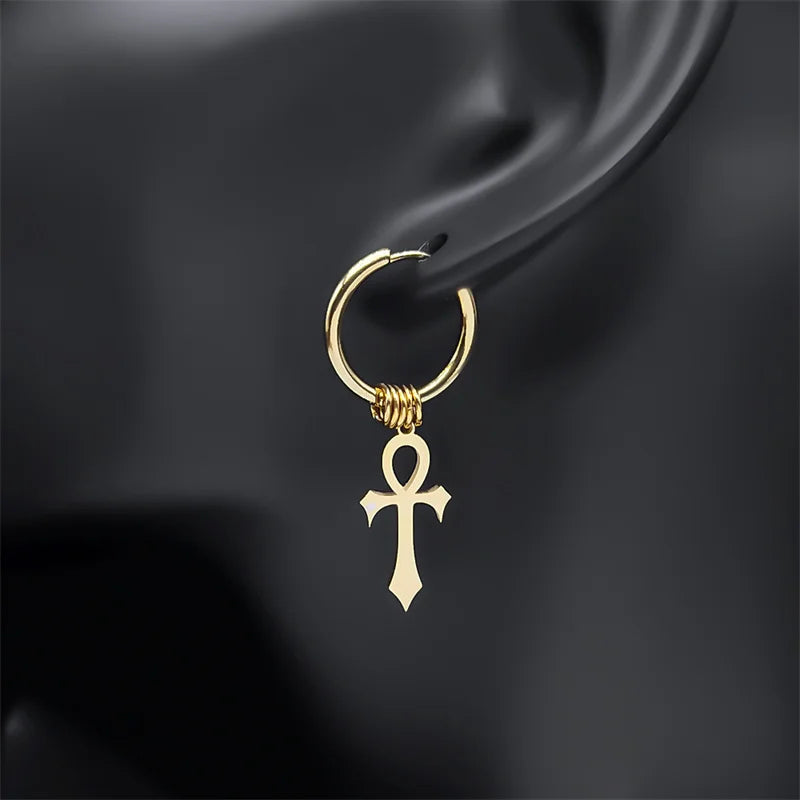 Ankh Cross Dangling Earrings for Men or Women gold