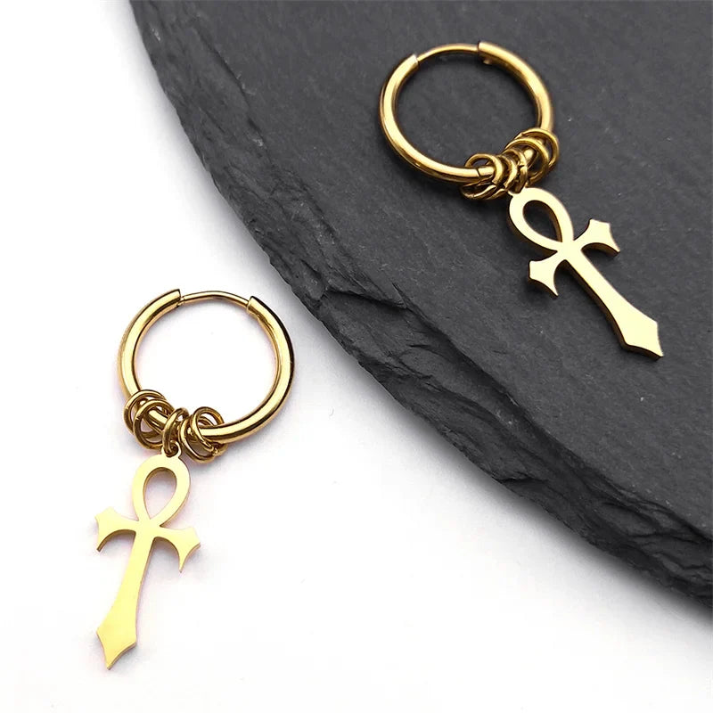 Ankh Cross Dangling Earrings for Men or Women gold