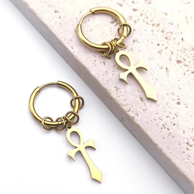 Ankh Cross Dangling Earrings for Men or Women gold