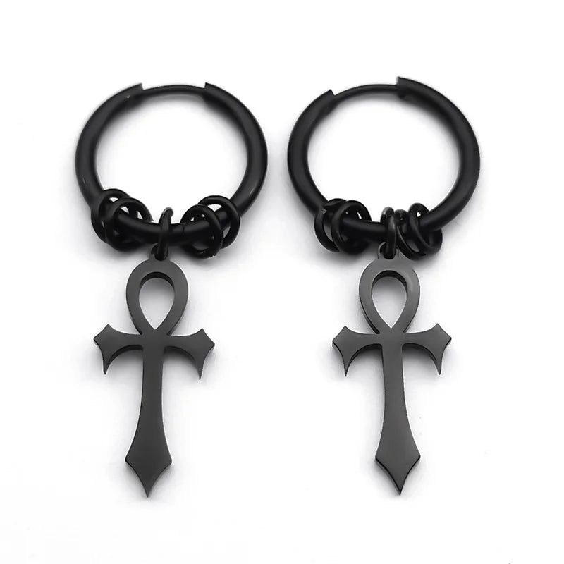 Ankh Cross Dangling Earrings for Men or Women black