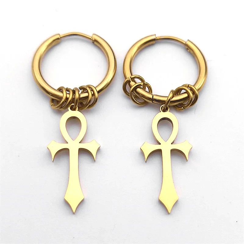 Ankh Cross Dangling Earrings for Men or Women gold