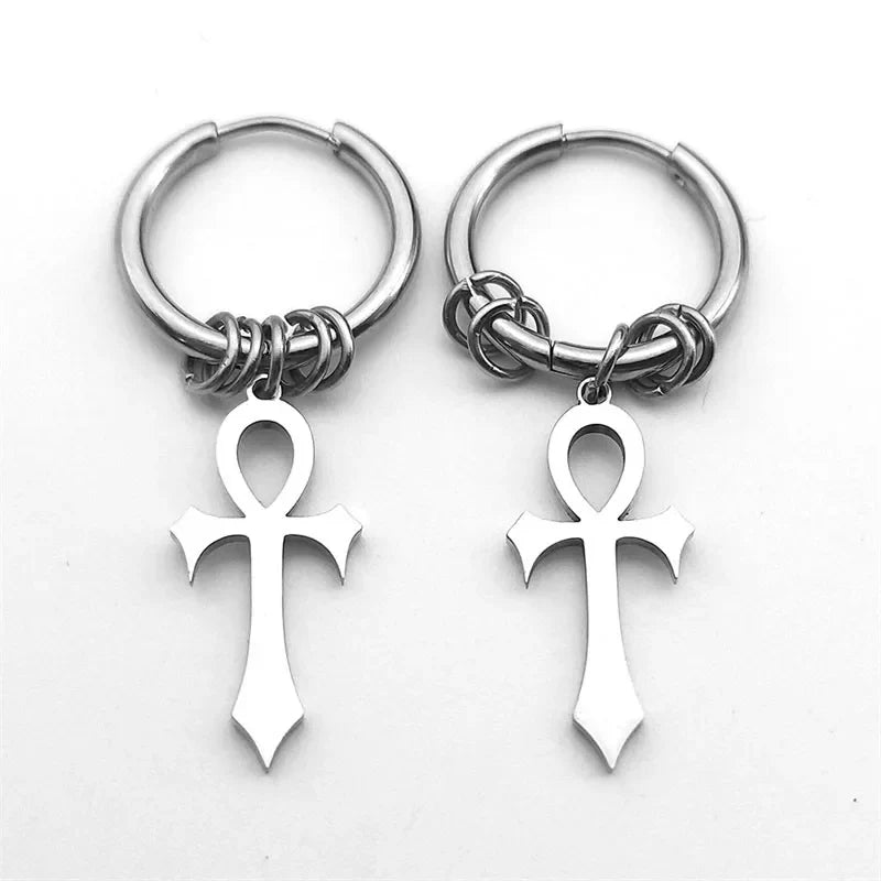 Ankh Cross Dangling Earrings for Men or Women silver