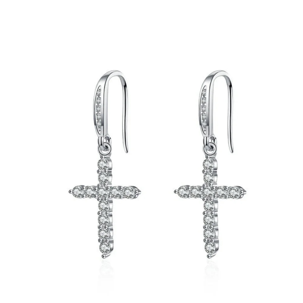 Silver Zircon Cross Dangle Earrings