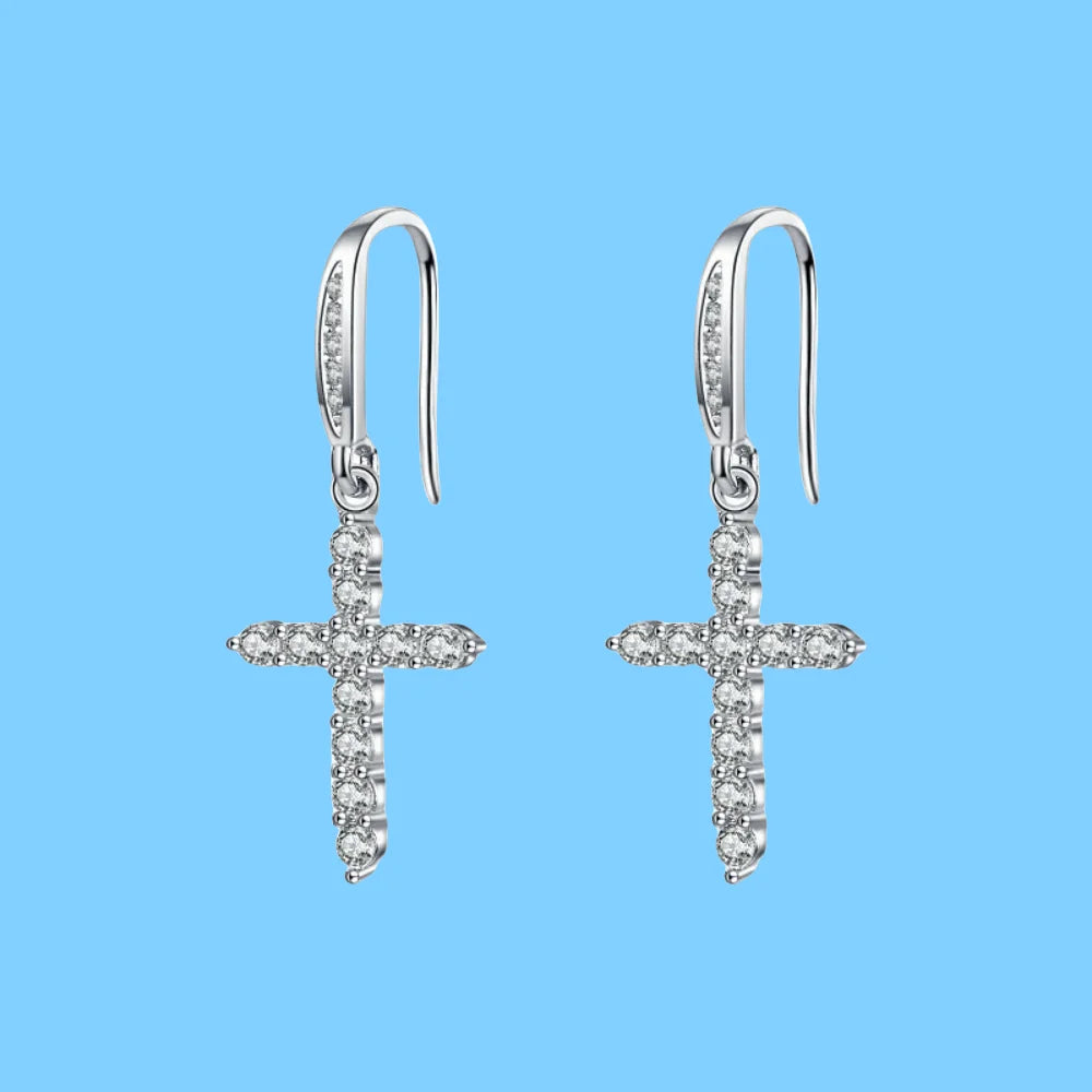 Silver Zircon Cross Dangle Earrings