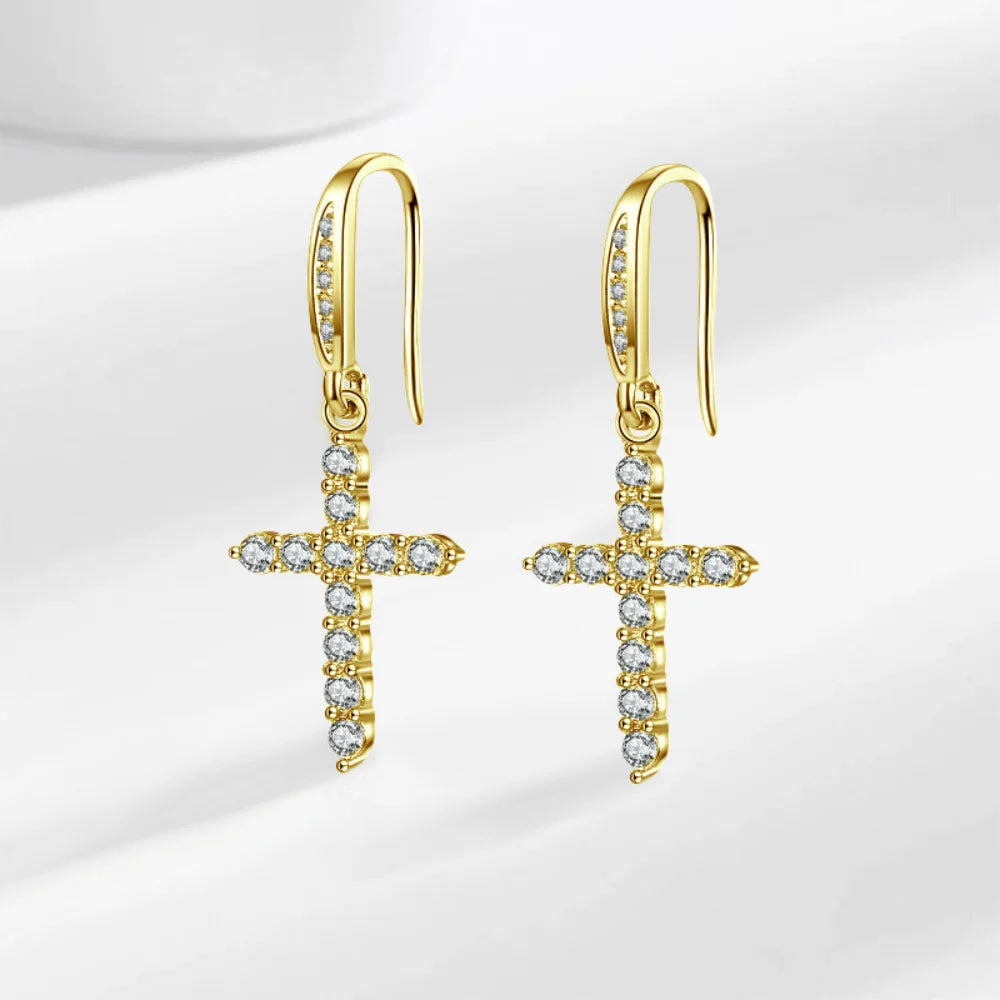 Gold Zircon Cross Dangle Earrings