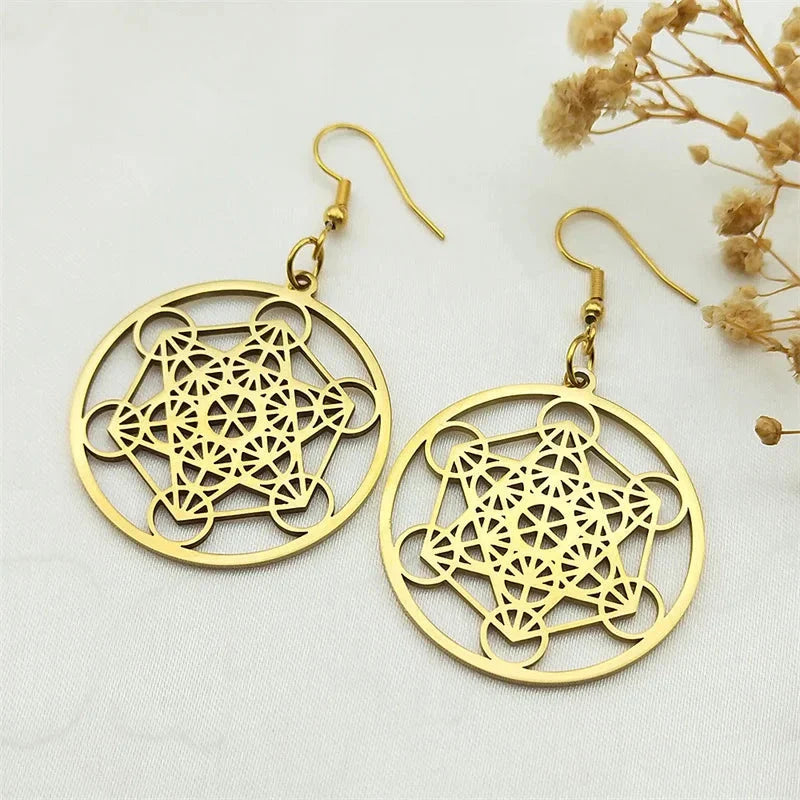 Metatron Cube Dangling Earrings gold