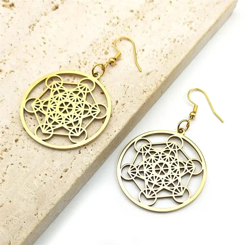 Metatron Cube Dangling Earrings gold
