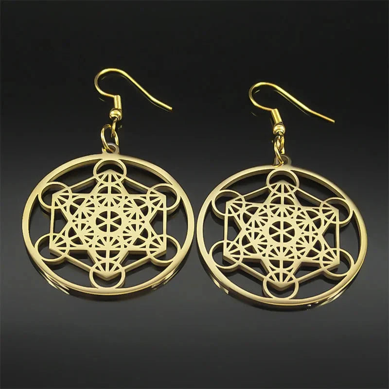 Metatron Cube Dangling Earrings gold