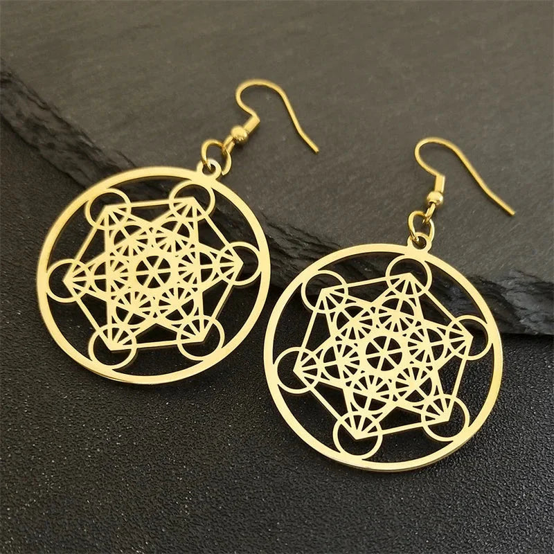 Metatron Cube Dangling Earrings gold